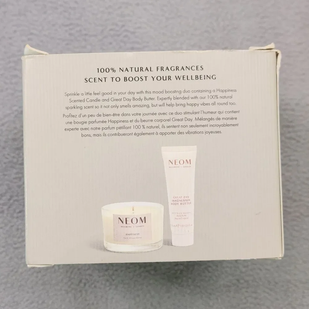 Neom Happiness Scented Candle 2.6oz & Great‎ Day Magnesium Body Butter 1oz Pack